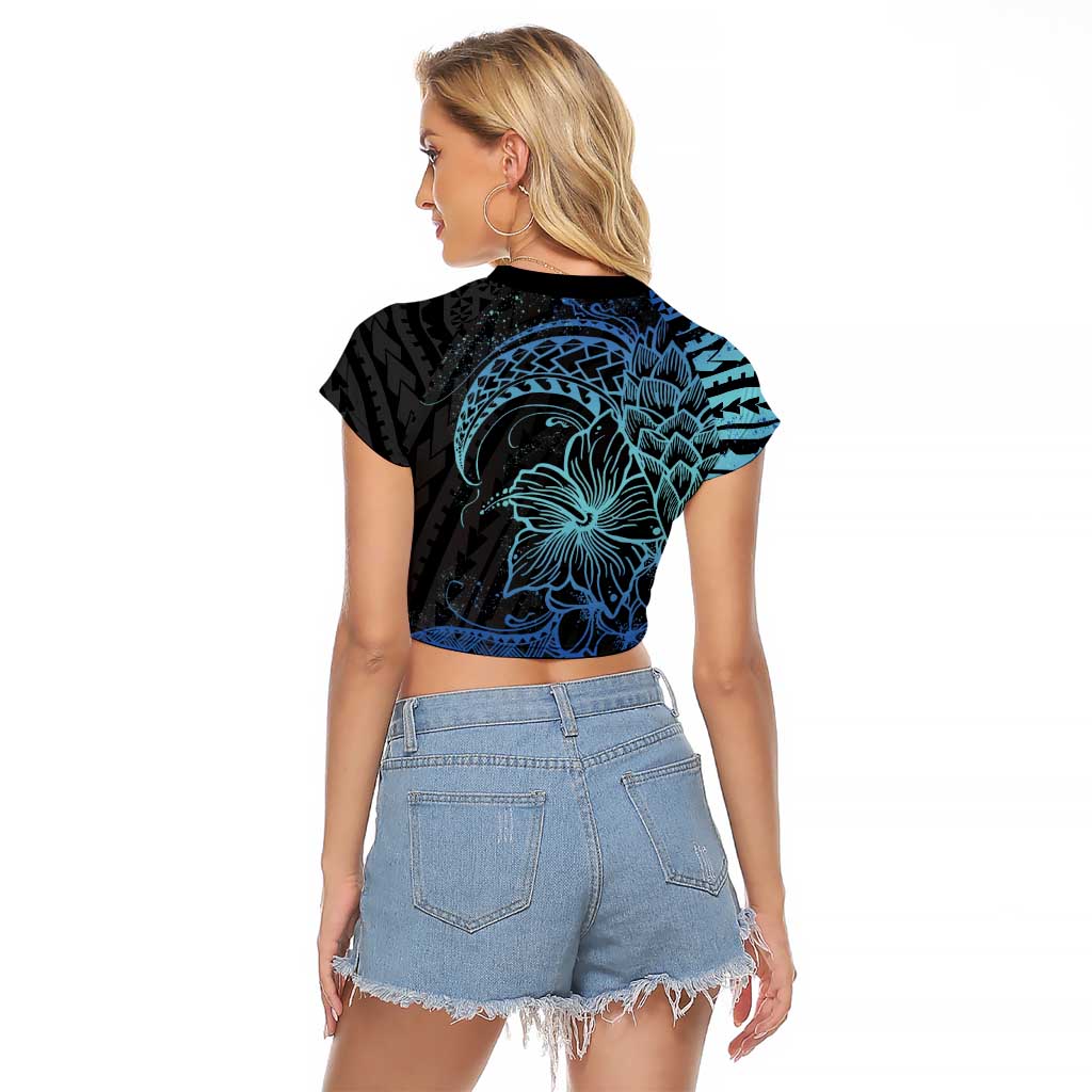 Floral Polynesian Hibiscus Tattoo Raglan Cropped T Shirt Blue Gradient Style
