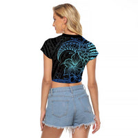 Floral Polynesian Hibiscus Tattoo Raglan Cropped T Shirt Blue Gradient Style