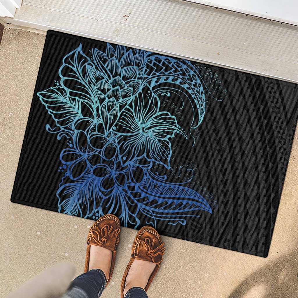 Floral Polynesian Hibiscus Tattoo Rubber Doormat Blue Gradient Style