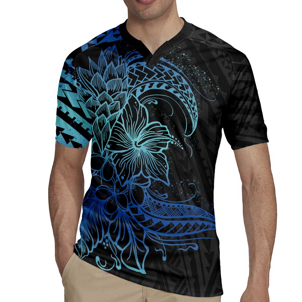Floral Polynesian Hibiscus Tattoo Rugby Jersey Blue Gradient Style