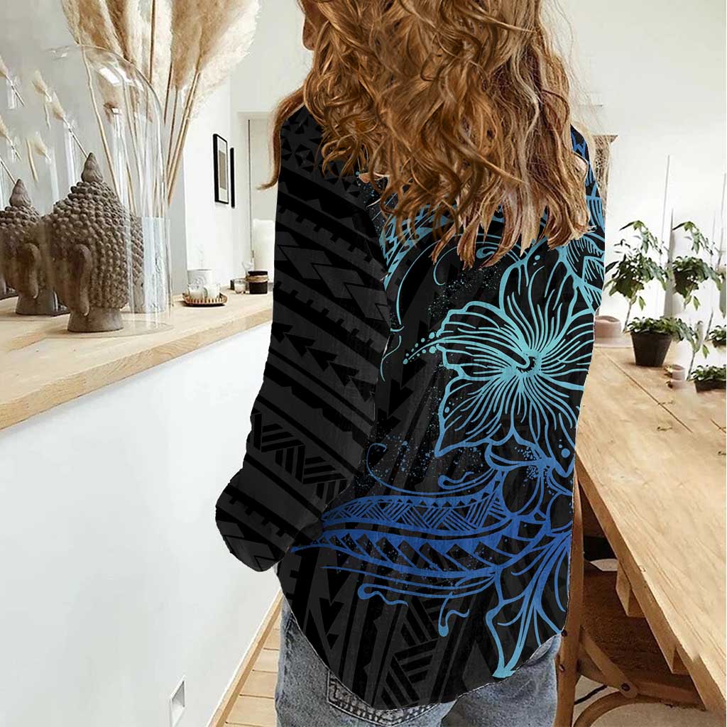 Floral Polynesian Hibiscus Tattoo Women Casual Shirt Blue Gradient Style