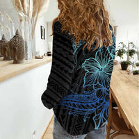 Floral Polynesian Hibiscus Tattoo Women Casual Shirt Blue Gradient Style