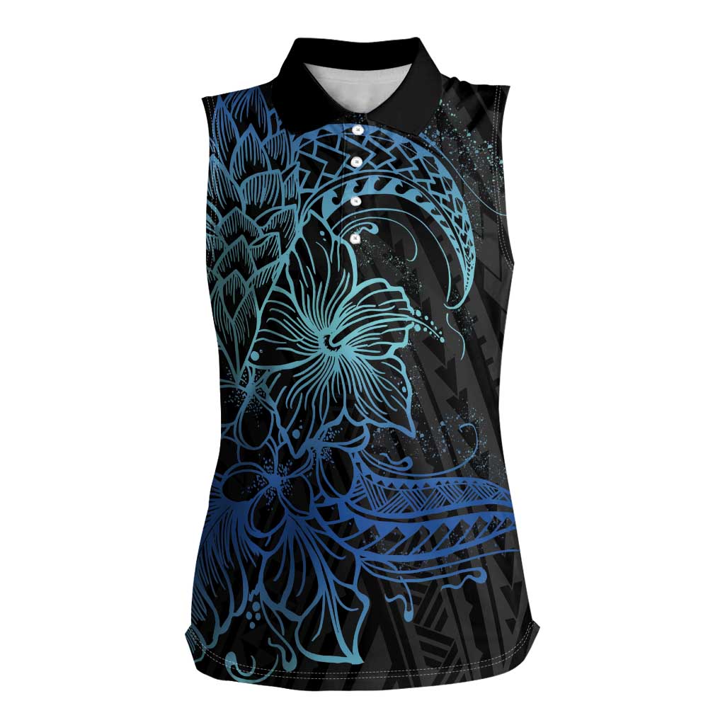Floral Polynesian Hibiscus Tattoo Women Sleeveless Polo Shirt Blue Gradient Style
