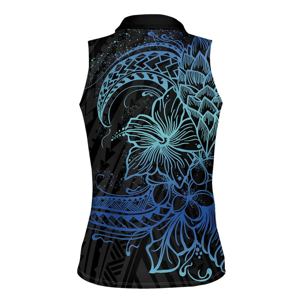 Floral Polynesian Hibiscus Tattoo Women Sleeveless Polo Shirt Blue Gradient Style