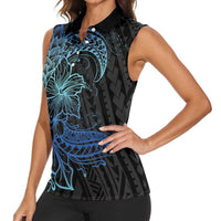 Floral Polynesian Hibiscus Tattoo Women Sleeveless Polo Shirt Blue Gradient Style