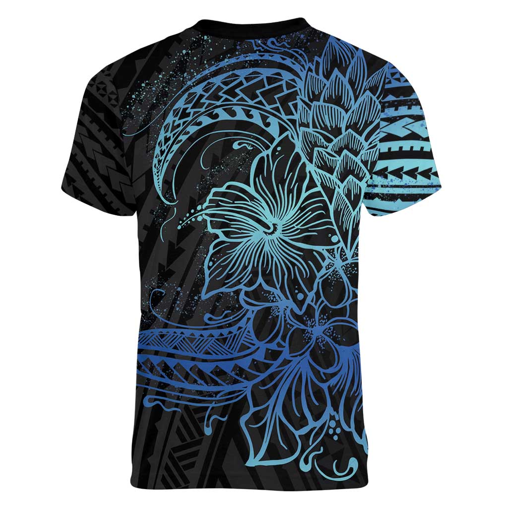 Floral Polynesian Hibiscus Tattoo Women V-Neck T-Shirt Blue Gradient Style