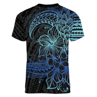 Floral Polynesian Hibiscus Tattoo Women V-Neck T-Shirt Blue Gradient Style
