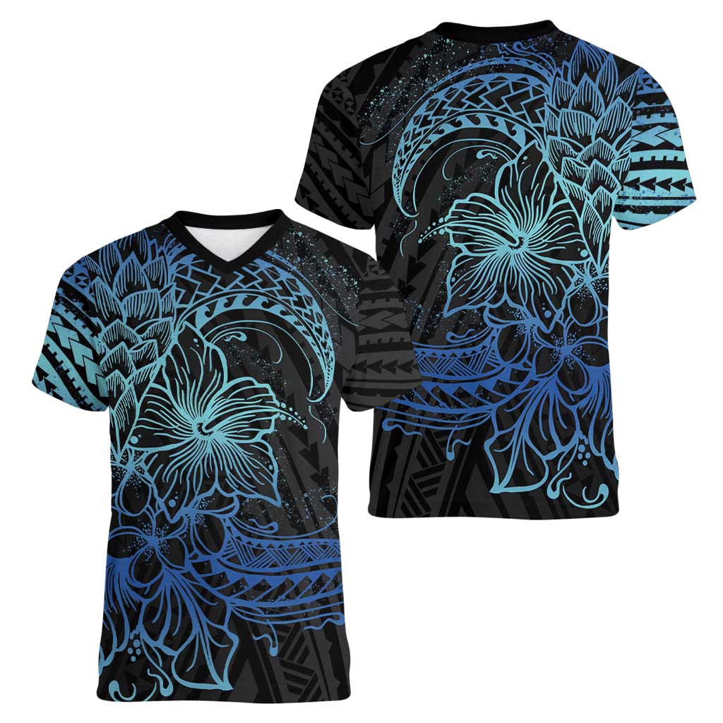 Floral Polynesian Hibiscus Tattoo Women V-Neck T-Shirt Blue Gradient Style