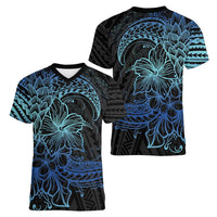 Floral Polynesian Hibiscus Tattoo Women V-Neck T-Shirt Blue Gradient Style