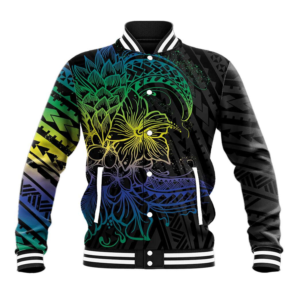 Floral Polynesian Hibiscus Tattoo Baseball Jacket Green Gradient Style
