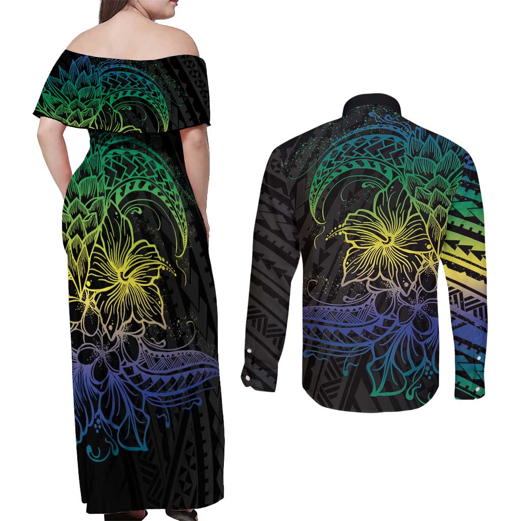 Floral Polynesian Hibiscus Tattoo Couples Matching Off Shoulder Maxi Dress and Long Sleeve Button Shirt Green Gradient Style