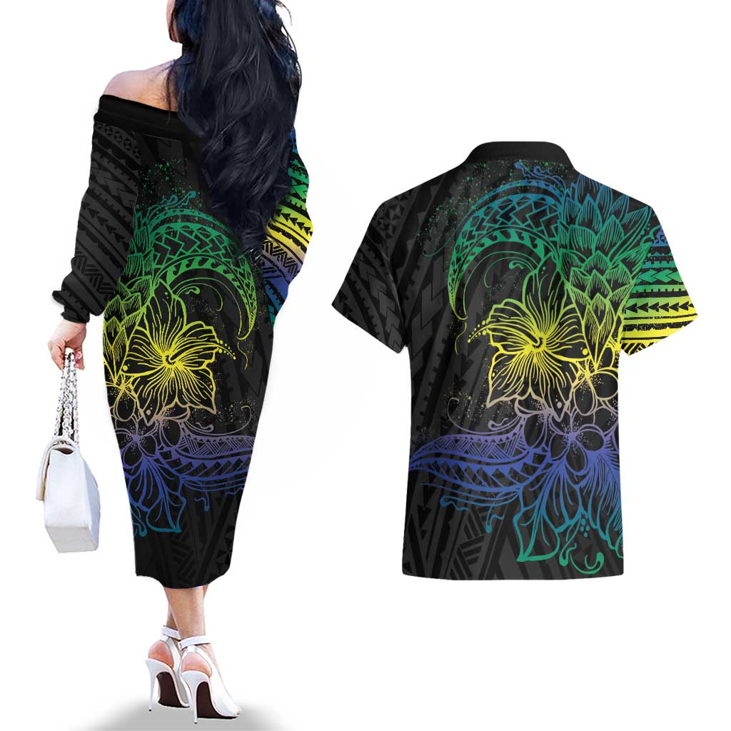 Floral Polynesian Hibiscus Tattoo Couples Matching Off The Shoulder Long Sleeve Dress and Hawaiian Shirt Green Gradient Style