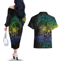 Floral Polynesian Hibiscus Tattoo Couples Matching Off The Shoulder Long Sleeve Dress and Hawaiian Shirt Green Gradient Style