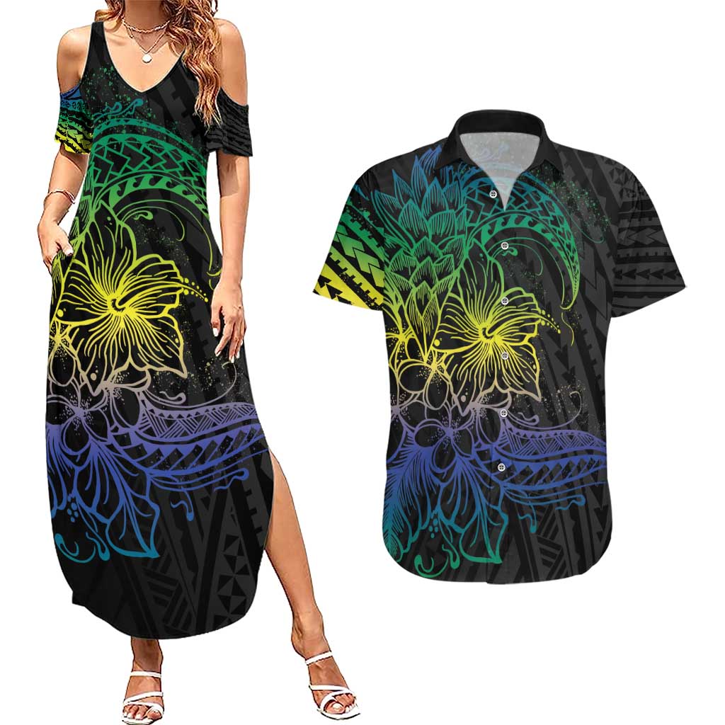 Floral Polynesian Hibiscus Tattoo Couples Matching Summer Maxi Dress and Hawaiian Shirt Green Gradient Style