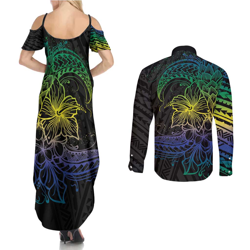 Floral Polynesian Hibiscus Tattoo Couples Matching Summer Maxi Dress and Long Sleeve Button Shirt Green Gradient Style