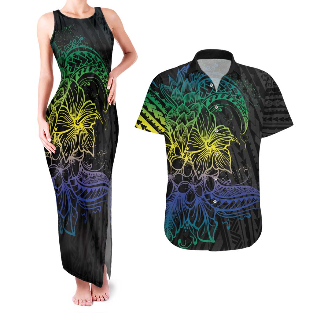 Floral Polynesian Hibiscus Tattoo Couples Matching Tank Maxi Dress and Hawaiian Shirt Green Gradient Style