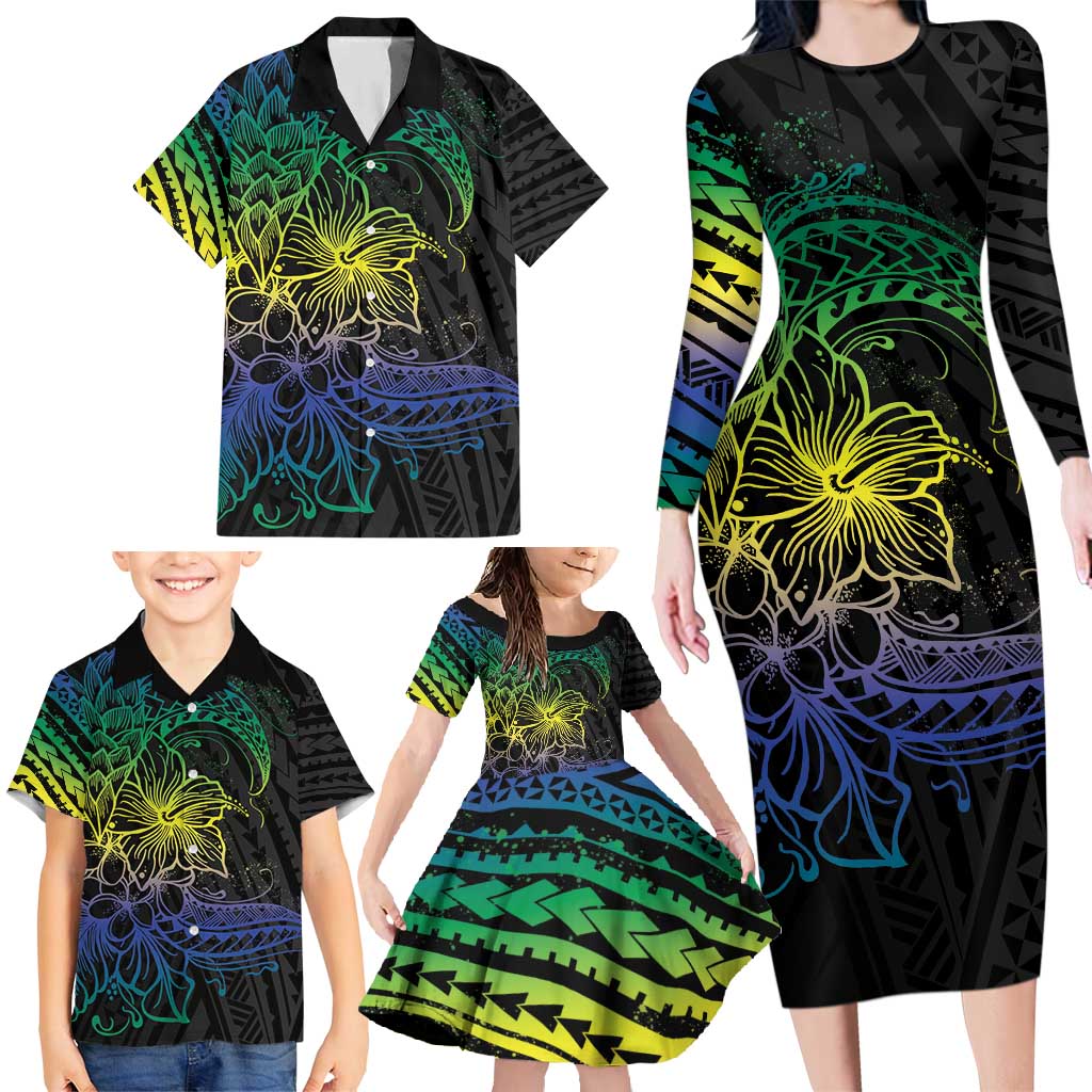 Floral Polynesian Hibiscus Tattoo Family Matching Long Sleeve Bodycon Dress and Hawaiian Shirt Green Gradient Style LT9 - Polynesian Pride