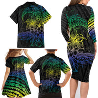 Floral Polynesian Hibiscus Tattoo Family Matching Long Sleeve Bodycon Dress and Hawaiian Shirt Green Gradient Style LT9 - Polynesian Pride