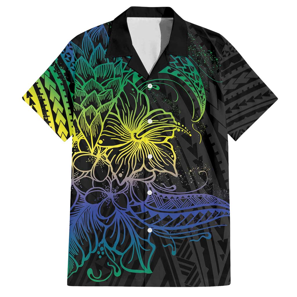 Floral Polynesian Hibiscus Tattoo Family Matching Long Sleeve Bodycon Dress and Hawaiian Shirt Green Gradient Style LT9 Dad's Shirt - Short Sleeve Green - Polynesian Pride