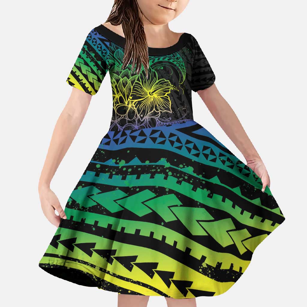 Floral Polynesian Hibiscus Tattoo Family Matching Mermaid Dress and Hawaiian Shirt Green Gradient Style LT9 Daughter's Dress Green - Polynesian Pride