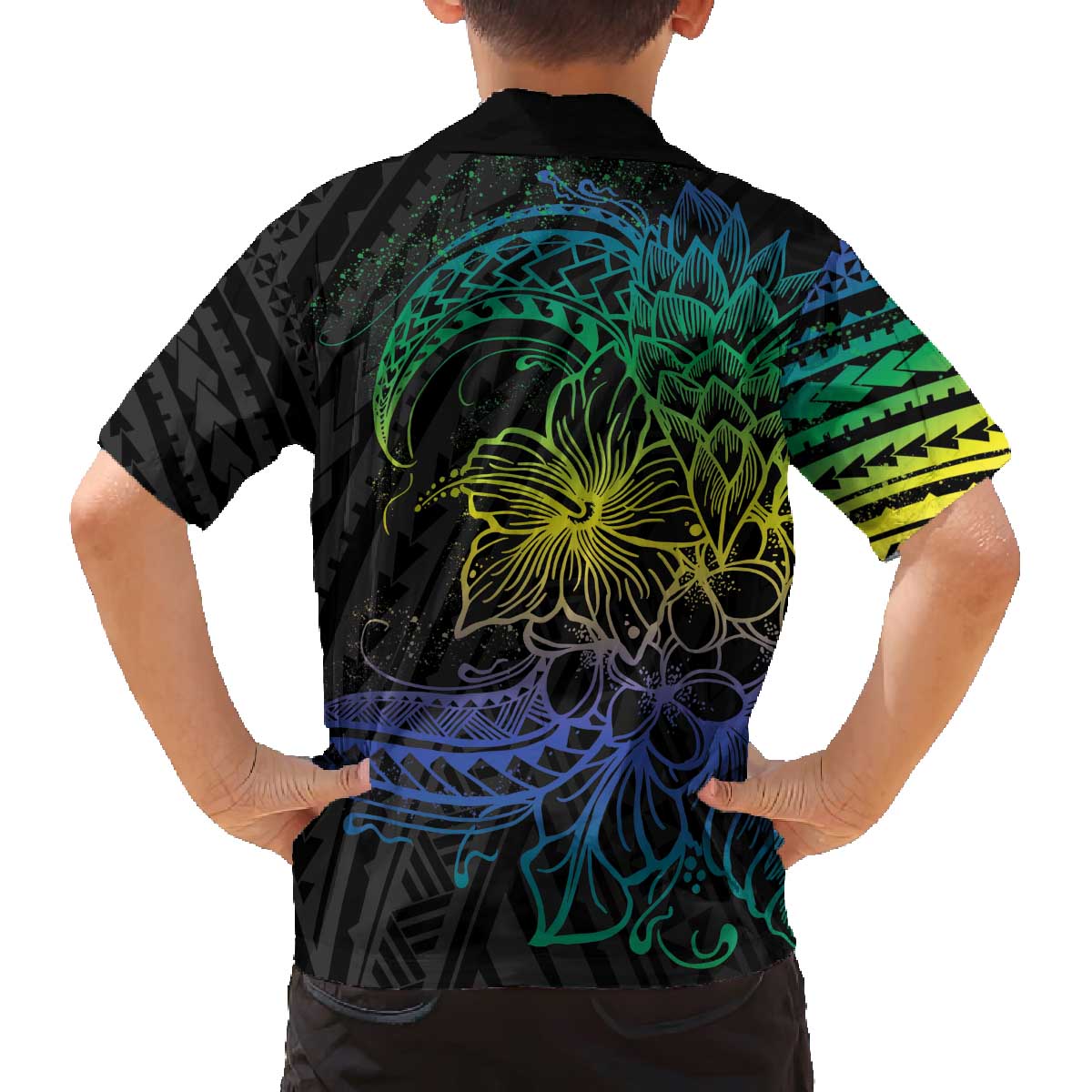 Floral Polynesian Hibiscus Tattoo Family Matching Off The Shoulder Long Sleeve Dress and Hawaiian Shirt Green Gradient Style LT9 - Polynesian Pride