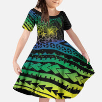 Floral Polynesian Hibiscus Tattoo Family Matching Off The Shoulder Long Sleeve Dress and Hawaiian Shirt Green Gradient Style LT9 Daughter's Dress Green - Polynesian Pride