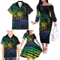 Floral Polynesian Hibiscus Tattoo Family Matching Off The Shoulder Long Sleeve Dress and Hawaiian Shirt Green Gradient Style LT9 - Polynesian Pride