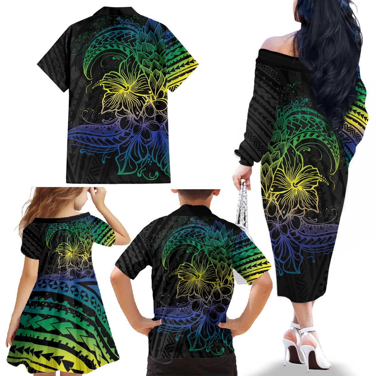 Floral Polynesian Hibiscus Tattoo Family Matching Off The Shoulder Long Sleeve Dress and Hawaiian Shirt Green Gradient Style LT9 - Polynesian Pride