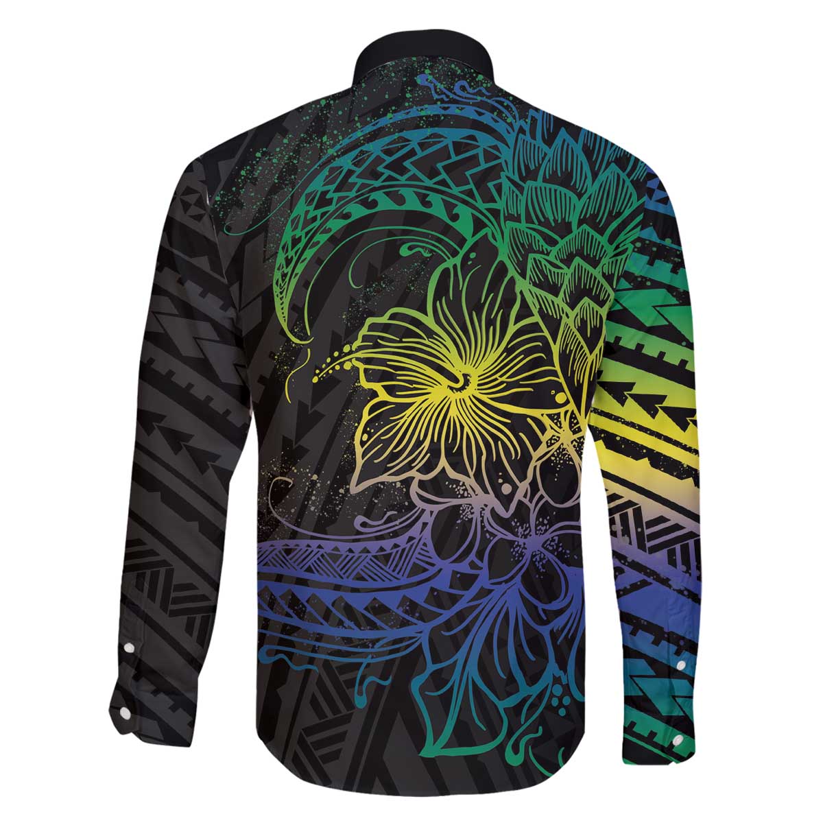 Floral Polynesian Hibiscus Tattoo Family Matching Off The Shoulder Long Sleeve Dress and Hawaiian Shirt Green Gradient Style LT9 - Polynesian Pride