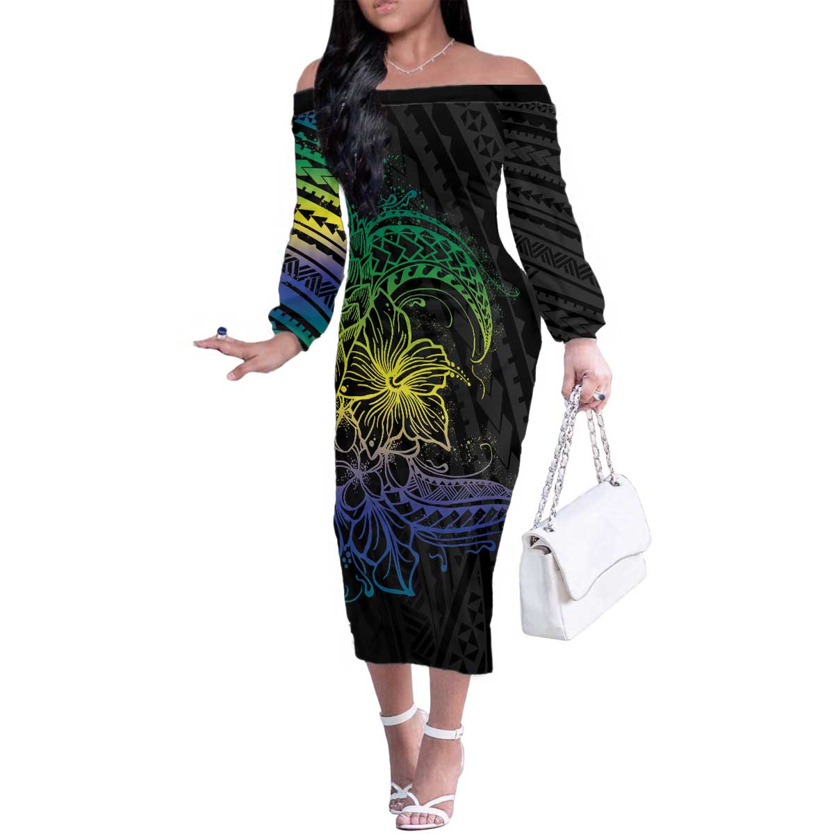 Floral Polynesian Hibiscus Tattoo Family Matching Off The Shoulder Long Sleeve Dress and Hawaiian Shirt Green Gradient Style LT9 Mom's Dress Green - Polynesian Pride