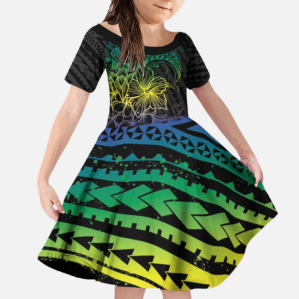 Floral Polynesian Hibiscus Tattoo Family Matching Off Shoulder Maxi Dress and Hawaiian Shirt Green Gradient Style