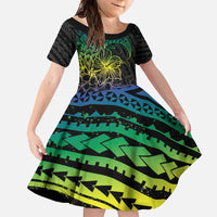 Floral Polynesian Hibiscus Tattoo Family Matching Off Shoulder Maxi Dress and Hawaiian Shirt Green Gradient Style