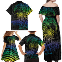 Floral Polynesian Hibiscus Tattoo Family Matching Off Shoulder Maxi Dress and Hawaiian Shirt Green Gradient Style
