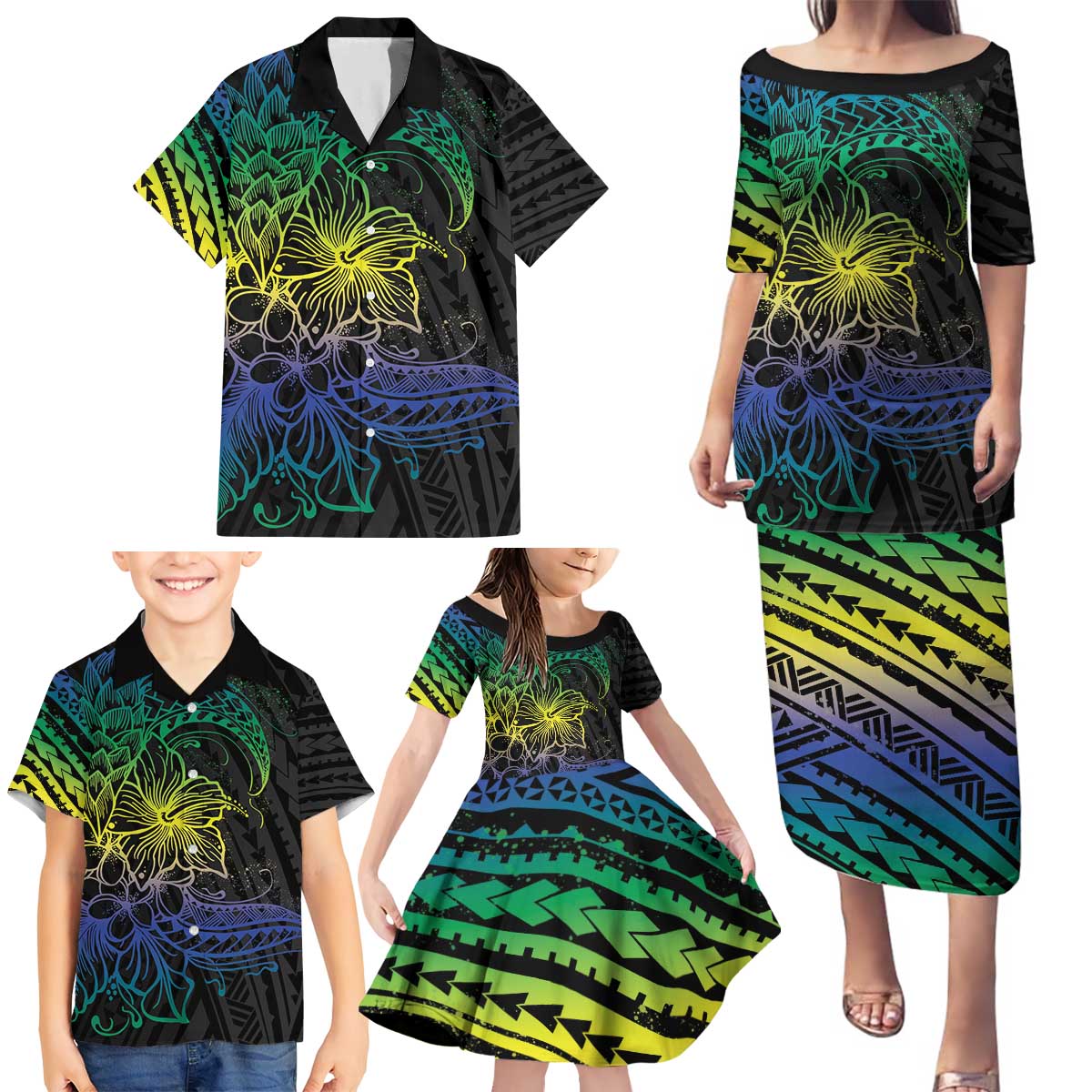 Floral Polynesian Hibiscus Tattoo Family Matching Puletasi and Hawaiian Shirt Green Gradient Style LT9 - Polynesian Pride