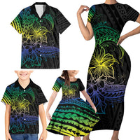 Floral Polynesian Hibiscus Tattoo Family Matching Short Sleeve Bodycon Dress and Hawaiian Shirt Green Gradient Style LT9 - Polynesian Pride