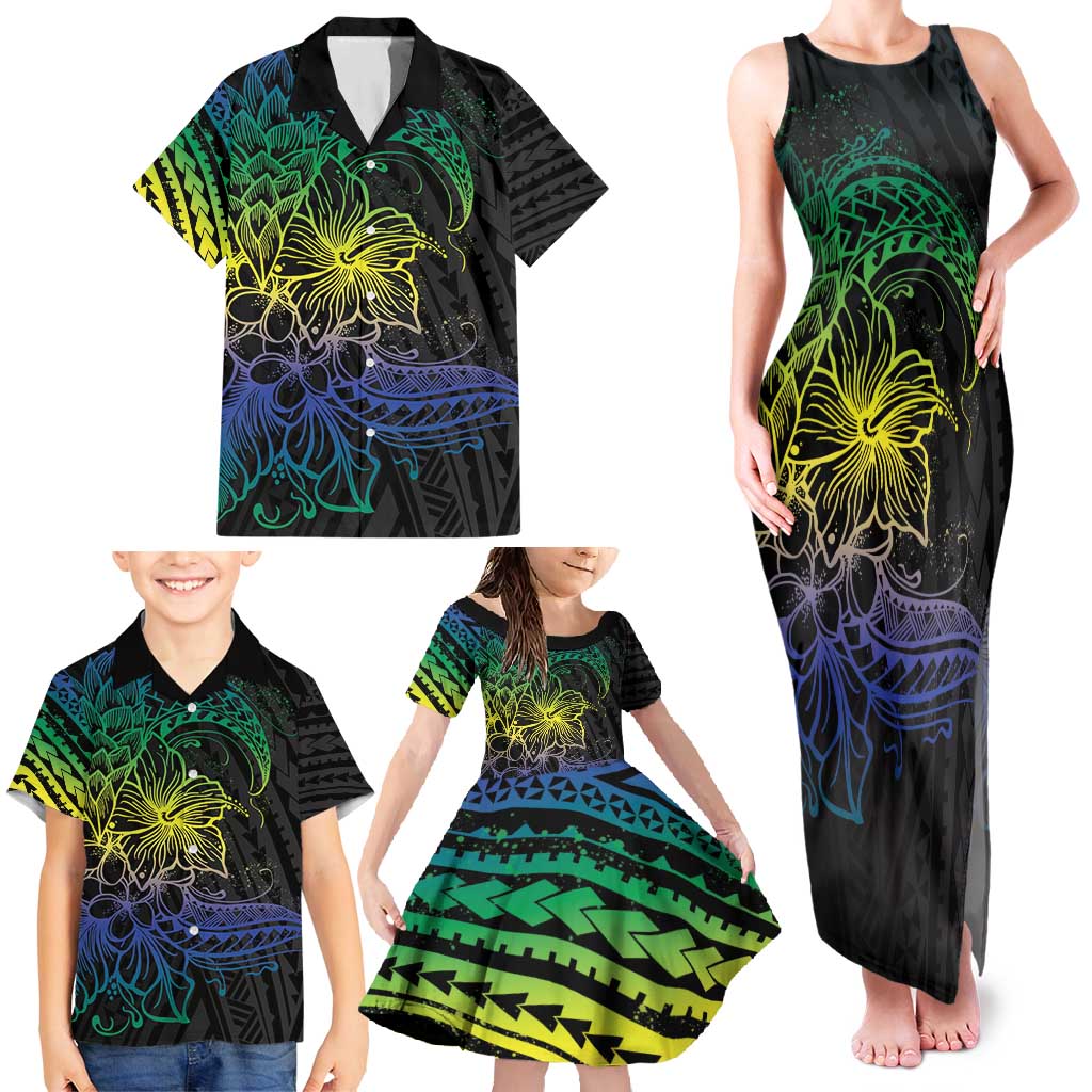 Floral Polynesian Hibiscus Tattoo Family Matching Tank Maxi Dress and Hawaiian Shirt Green Gradient Style LT9 - Polynesian Pride