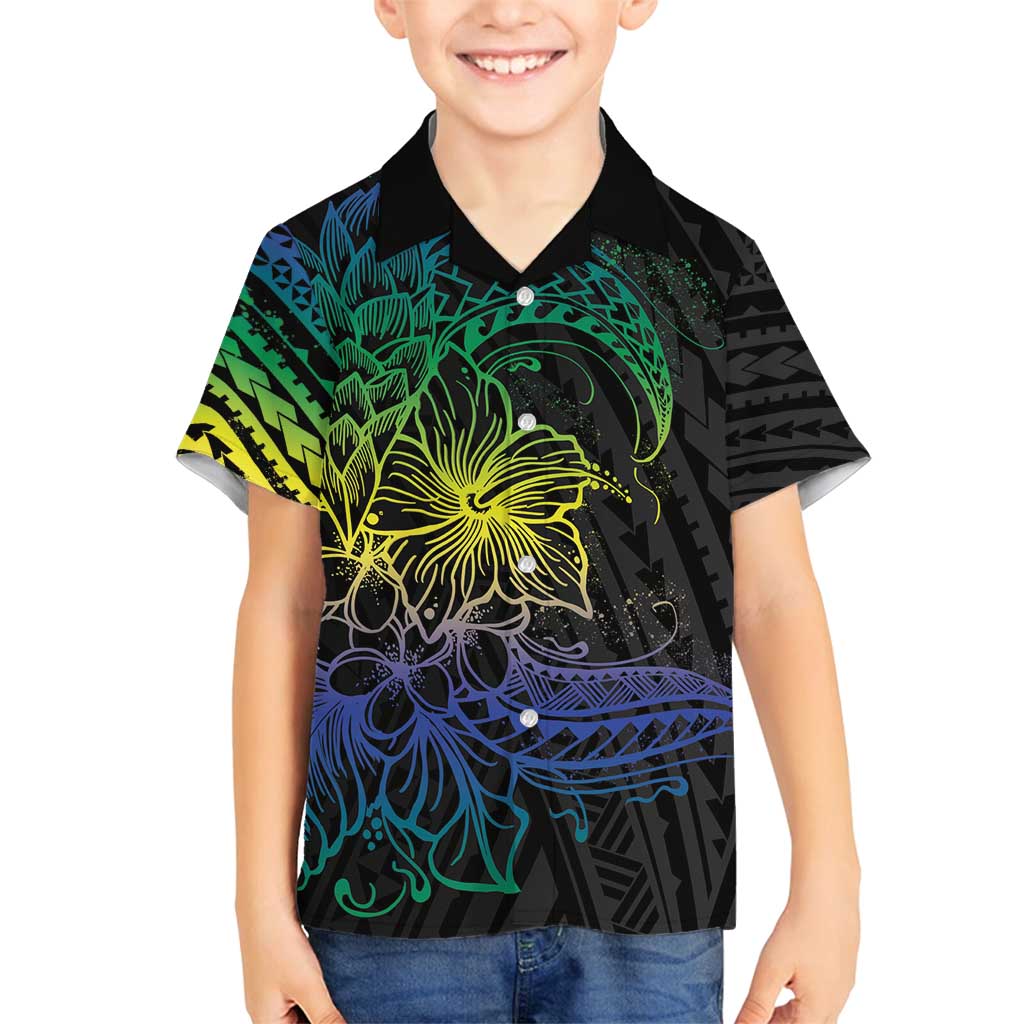 Floral Polynesian Hibiscus Tattoo Family Matching Tank Maxi Dress and Hawaiian Shirt Green Gradient Style LT9 Son's Shirt Green - Polynesian Pride