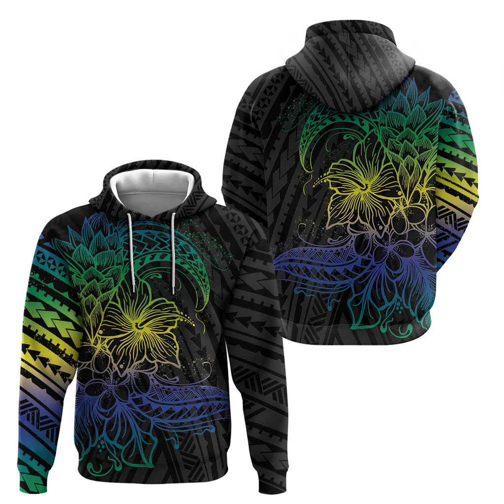 Floral Polynesian Hibiscus Tattoo Hoodie Green Gradient Style