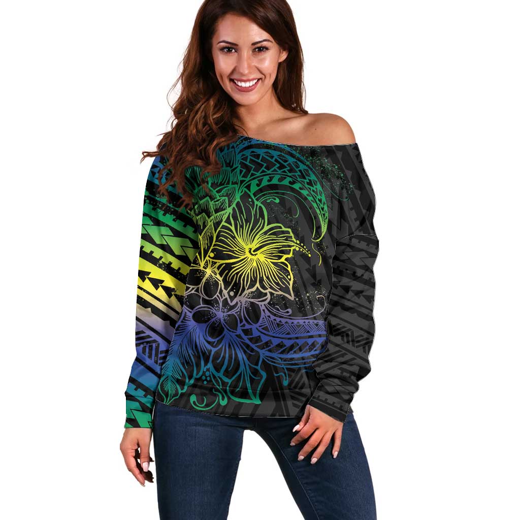 Floral Polynesian Hibiscus Tattoo Off Shoulder Sweater Green Gradient Style LT9 Women Green - Polynesian Pride