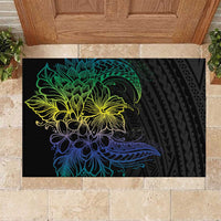 Floral Polynesian Hibiscus Tattoo Rubber Doormat Green Gradient Style