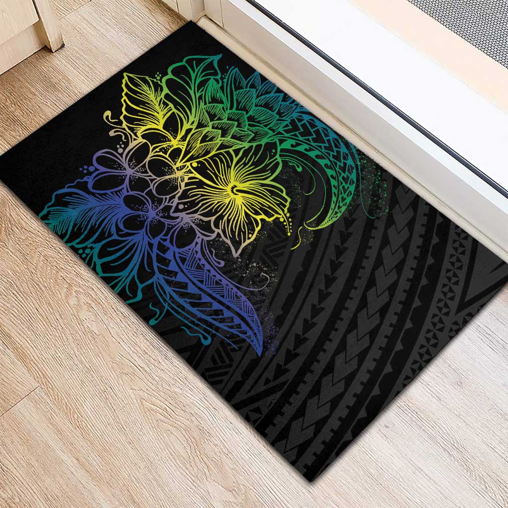Floral Polynesian Hibiscus Tattoo Rubber Doormat Green Gradient Style
