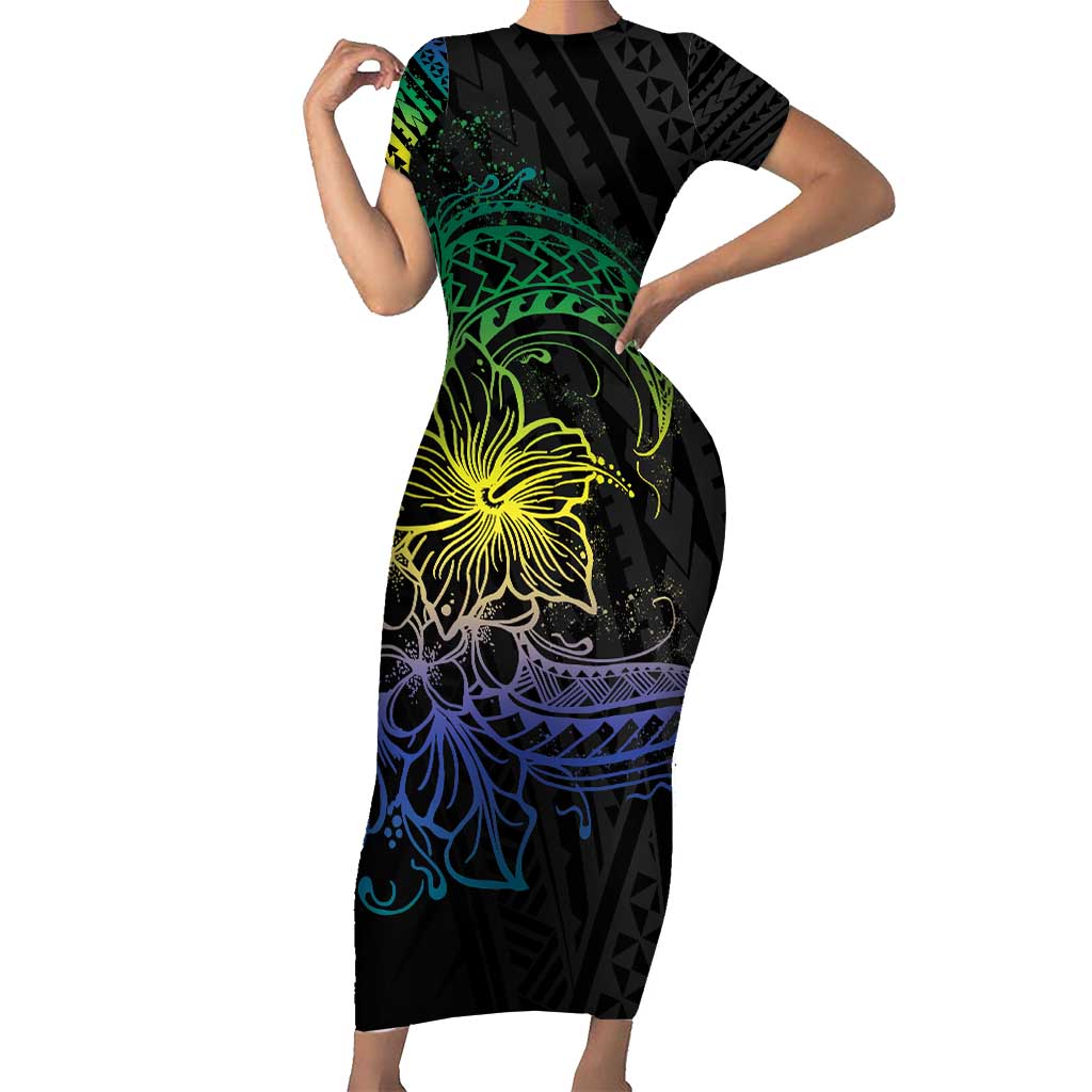Floral Polynesian Hibiscus Tattoo Short Sleeve Bodycon Dress Green Gradient Style LT9 Long Dress Green - Polynesian Pride