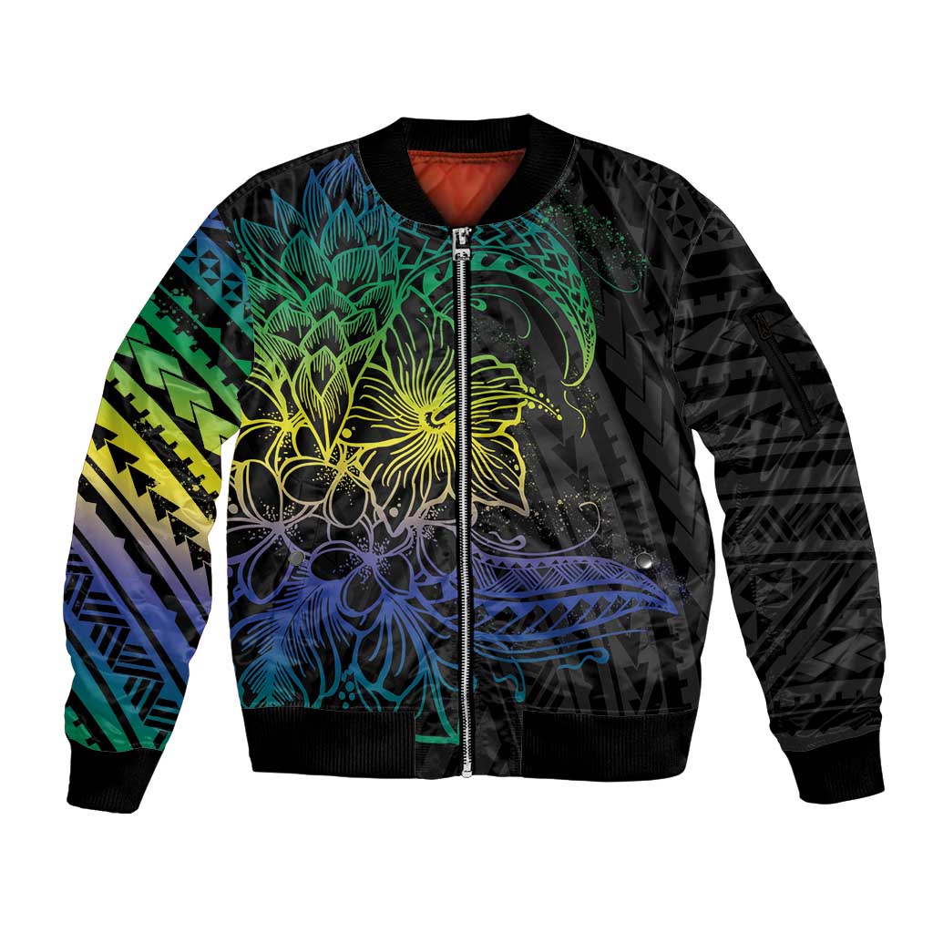 Floral Polynesian Hibiscus Tattoo Sleeve Zip Bomber Jacket Green Gradient Style LT9 Unisex Green - Polynesian Pride