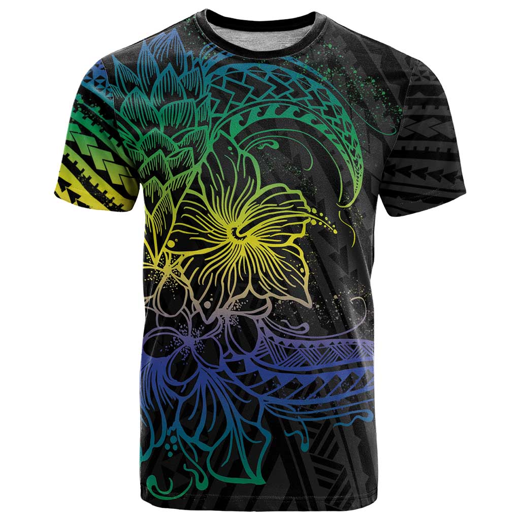 Floral Polynesian Hibiscus Tattoo T Shirt Green Gradient Style