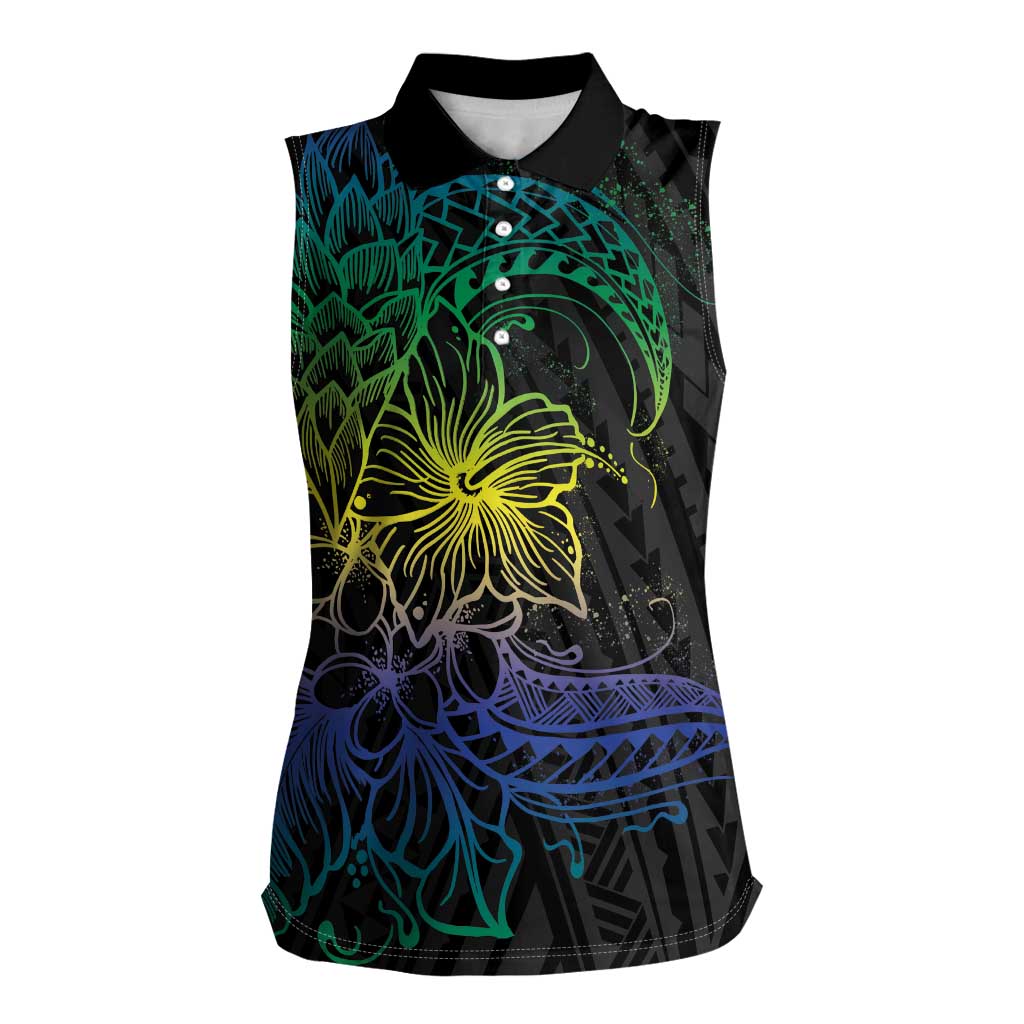 Floral Polynesian Hibiscus Tattoo Women Sleeveless Polo Shirt Green Gradient Style