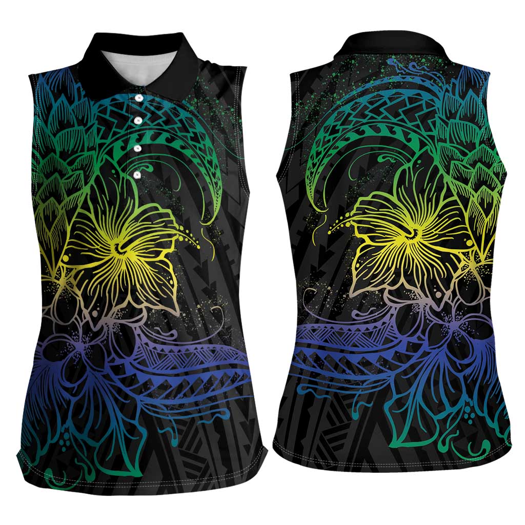 Floral Polynesian Hibiscus Tattoo Women Sleeveless Polo Shirt Green Gradient Style