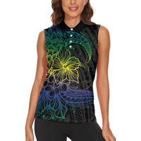 Floral Polynesian Hibiscus Tattoo Women Sleeveless Polo Shirt Green Gradient Style