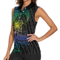 Floral Polynesian Hibiscus Tattoo Women Sleeveless Polo Shirt Green Gradient Style