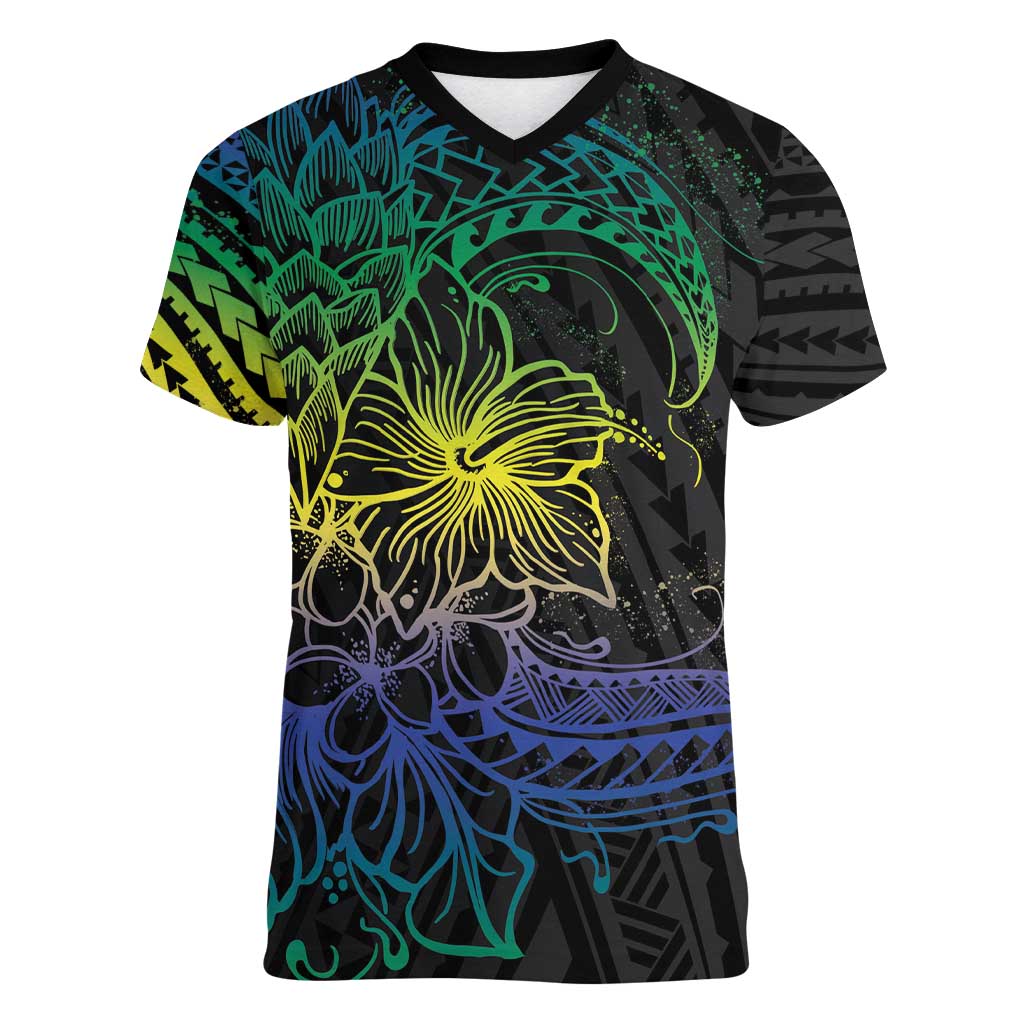 Floral Polynesian Hibiscus Tattoo Women V-Neck T-Shirt Green Gradient Style