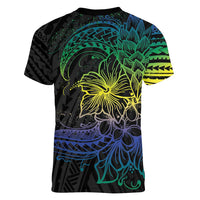 Floral Polynesian Hibiscus Tattoo Women V-Neck T-Shirt Green Gradient Style